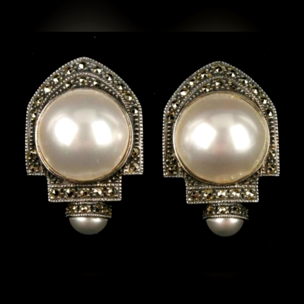 Judith Jack Vintage Marcasite Pearl Art Deco Earrings